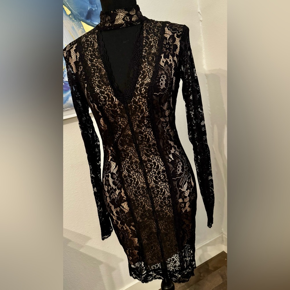 NWOT BEBE Black Nude Illusion Bodycon Cocktail Mini Dress M